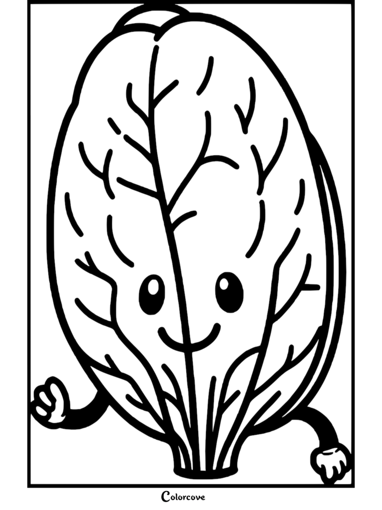 A cute cartoon spinach leaf character with a smiling face and arms, featured in a printable healthy food coloring page.
