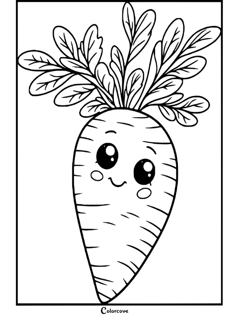 A cute kawaii carrot with big eyes and leafy greens in this printable healthy food coloring page.