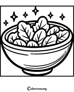 A printable coloring page of a fresh bowl of salad with leafy greens for kids and adults.