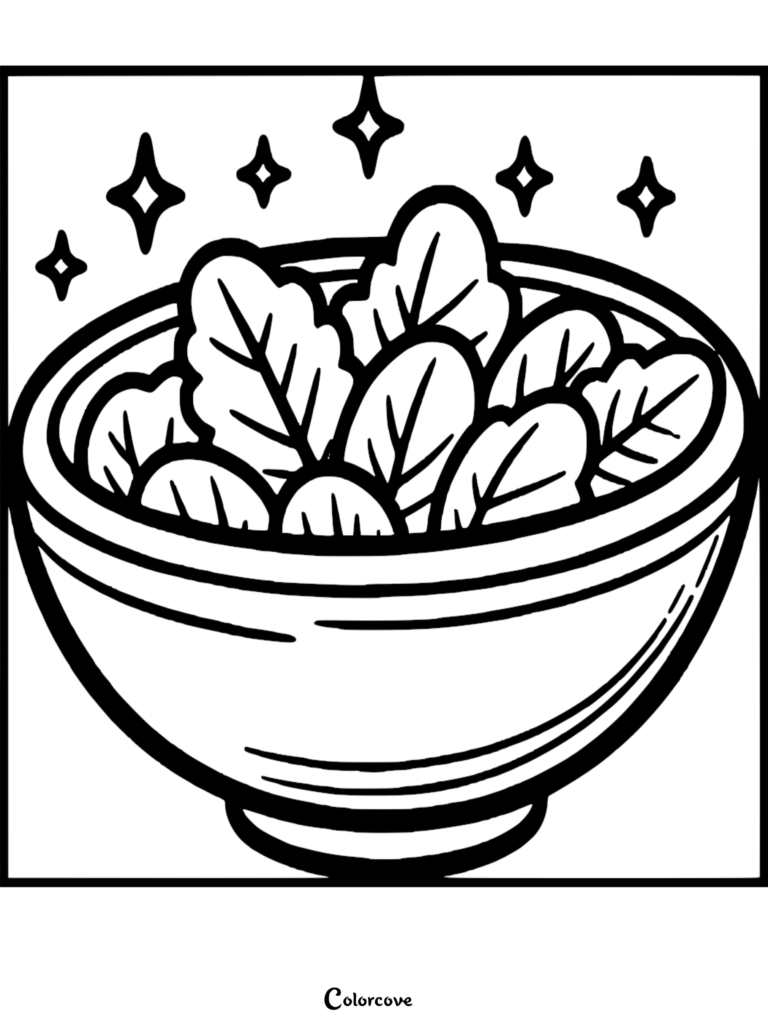 A bowl of fresh salad leaves with sparkling stars in this Healthy Food Coloring Pages Free Printable 39.