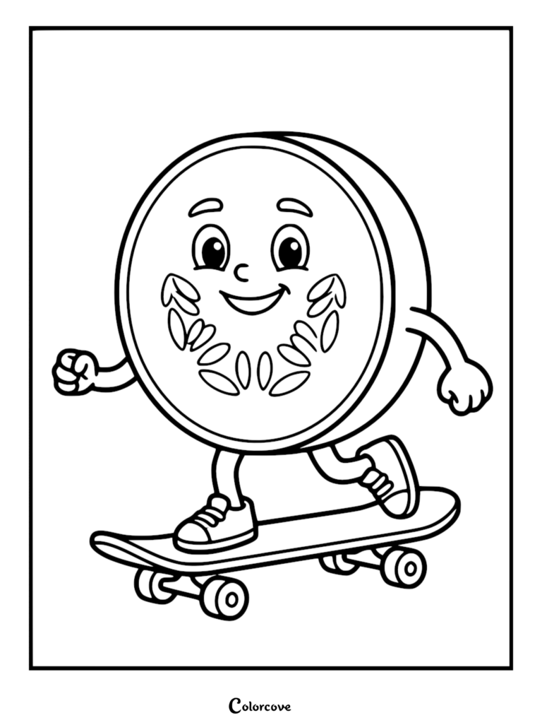 A happy kiwi slice character skateboarding on a healthy food coloring page.