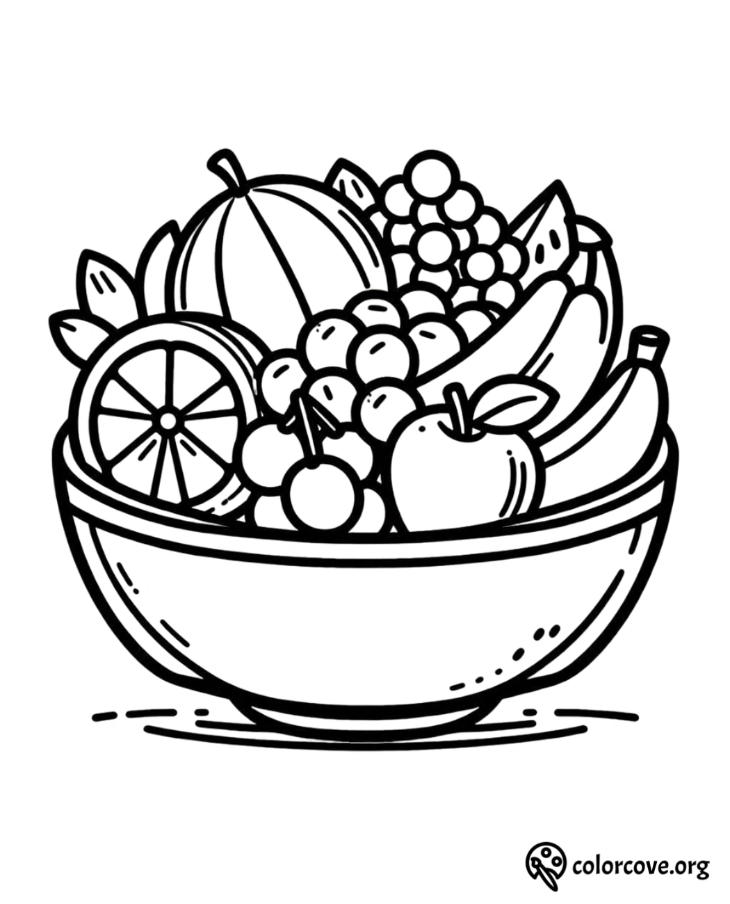 Coloring page of a fruit bowl with apples, bananas, oranges, grapes, and melon. Perfect for kids' creative fun.