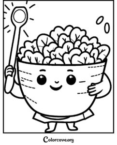 A cute cartoon salad bowl character holding a wooden spoon, healthy food coloring page for kids to print and color.