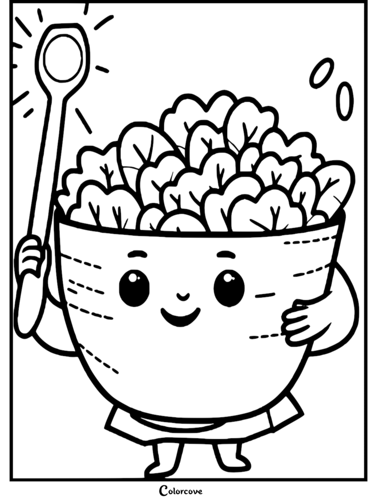 A cute cartoon bowl of salad holding a wooden spoon, printable healthy food coloring page.