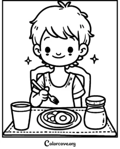 A cute cartoon illustration of a boy sitting at a table eating a healthy meal for a printable coloring page.