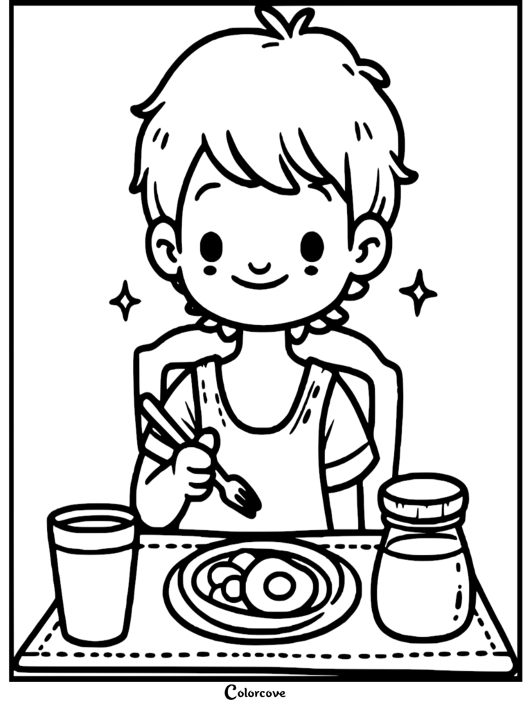 A cute boy eating a healthy meal at a table, featured in a printable healthy food coloring page.