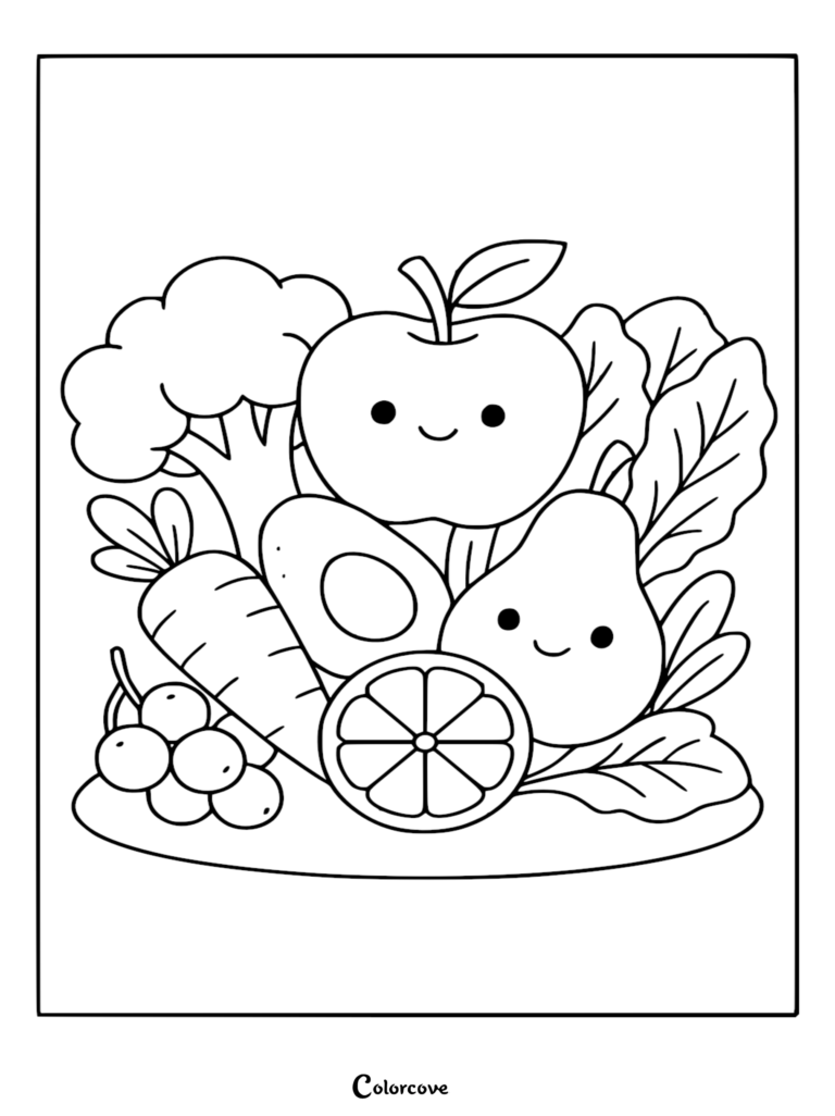 A cute healthy food coloring page featuring a smiling apple, pear, carrot, broccoli, and citrus slice.