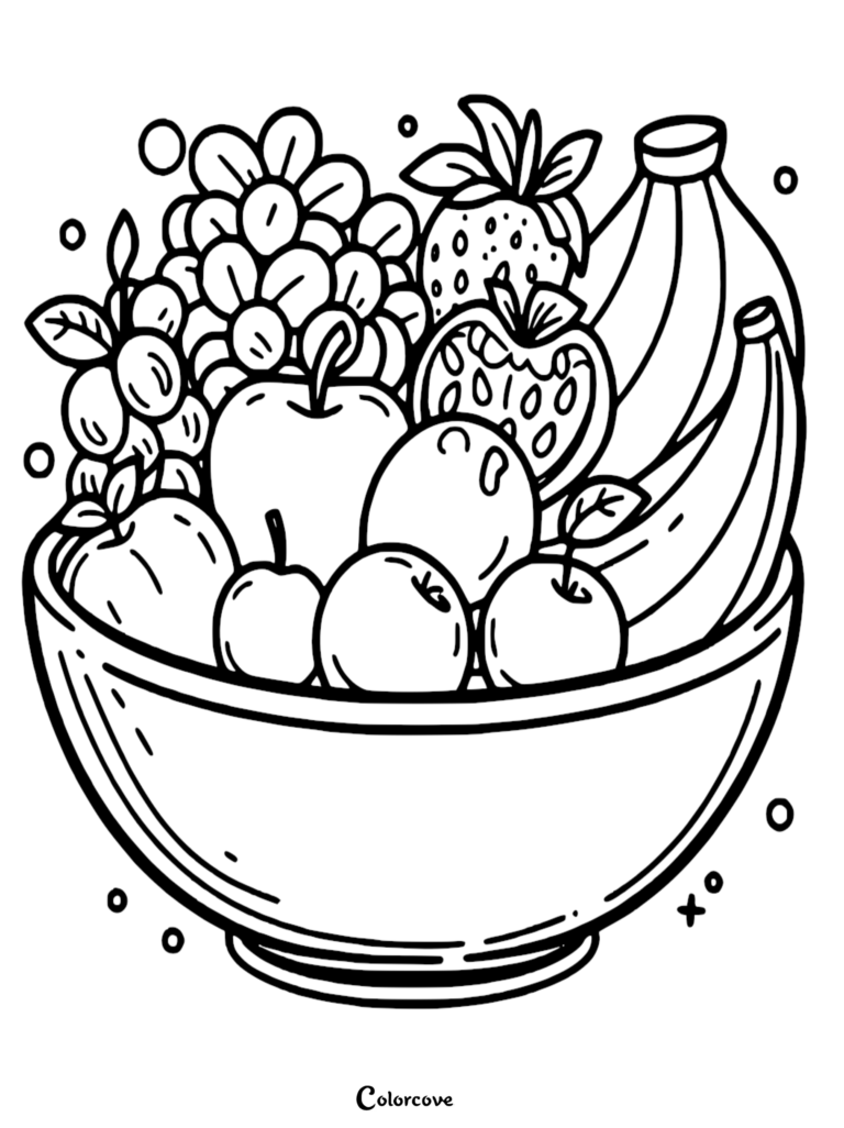 Healthy Food Coloring Pages Free Printable 43 featuring a bowl filled with grapes, strawberries, bananas, and apples.