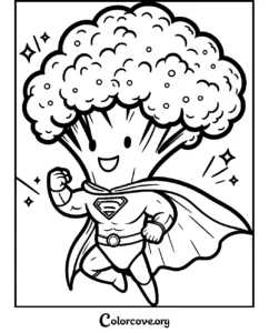 A fun, printable superhero broccoli character coloring page for kids who love healthy food, featuring a smiling vegetable with a cape and muscles.