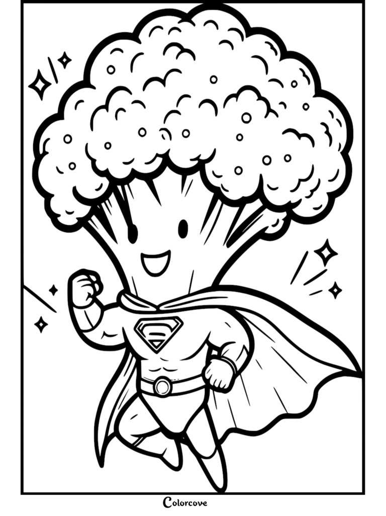 A superhero broccoli character wearing a cape in this healthy food coloring page.