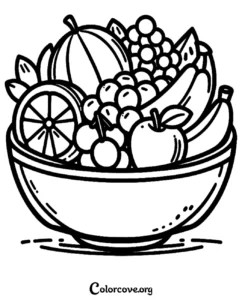 A printable healthy fruit bowl coloring page featuring grapes, oranges, apples, and bananas for kids.