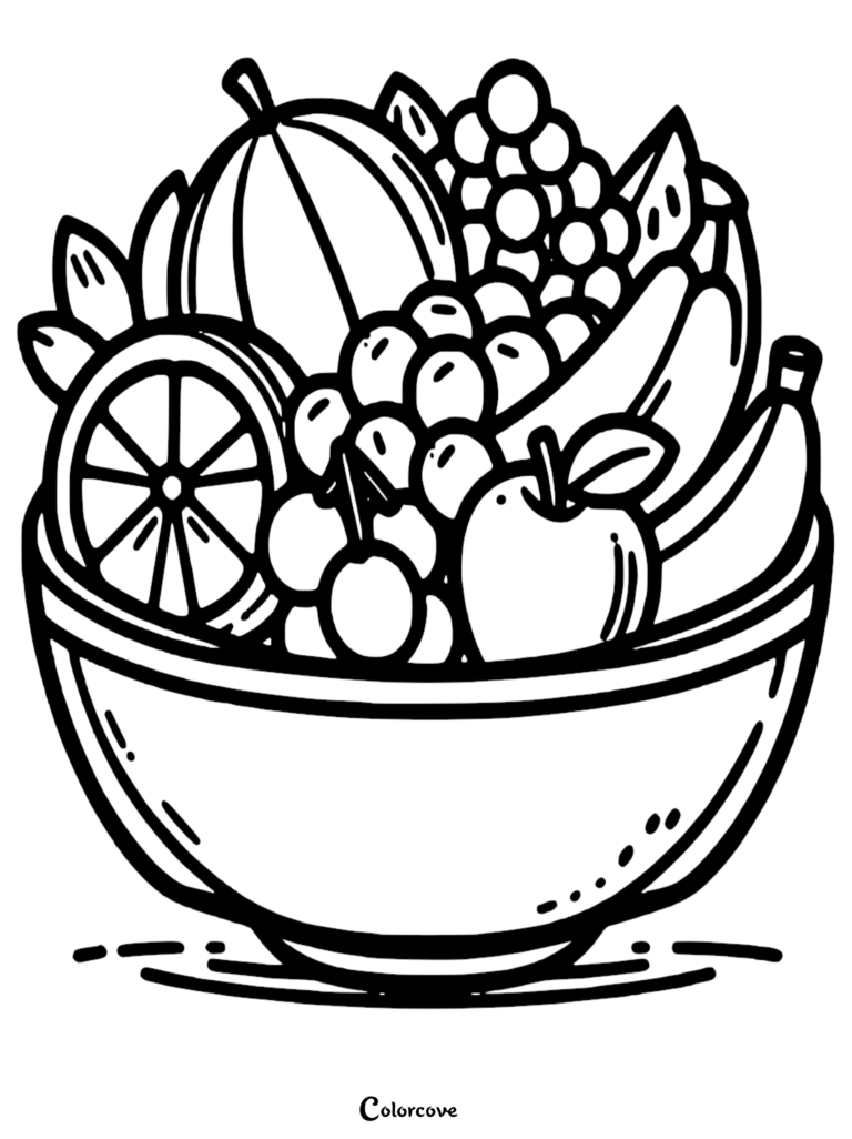 A bowl filled with assorted fruits including an apple, banana, orange slice, and grapes in this healthy food coloring page.