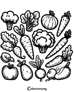 A printable healthy food coloring page featuring a variety of fresh garden vegetables like carrots, broccoli, and leafy greens for kids.