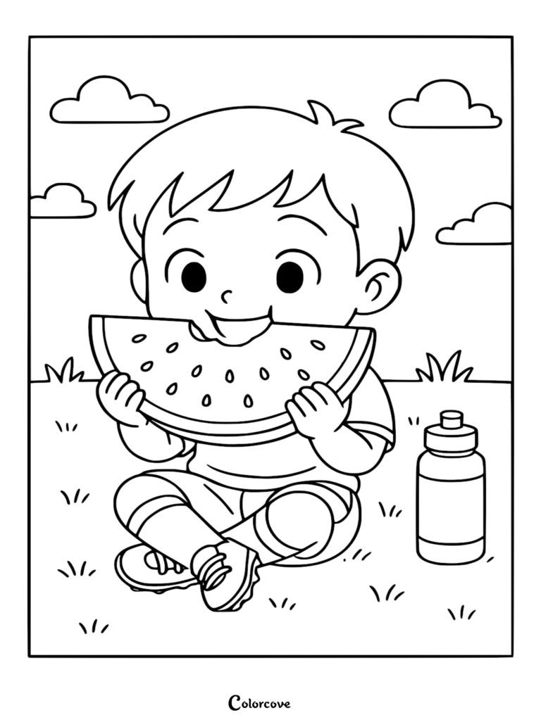 A young boy sitting on the grass eating a large slice of watermelon, featured in a healthy food coloring page.