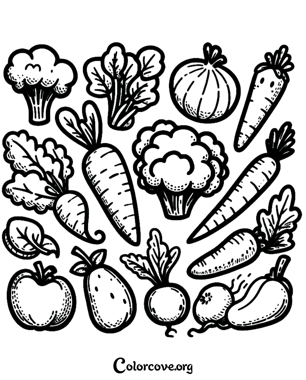 Encourage healthy eating habits with this fun and educational vegetable-themed coloring page. Download and print this collection of fresh garden produce in seconds for a creative activity.