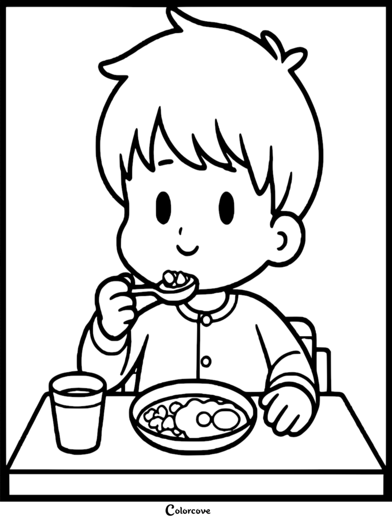 A young boy eating a healthy breakfast from a bowl with a spoon, featured in a printable coloring page.