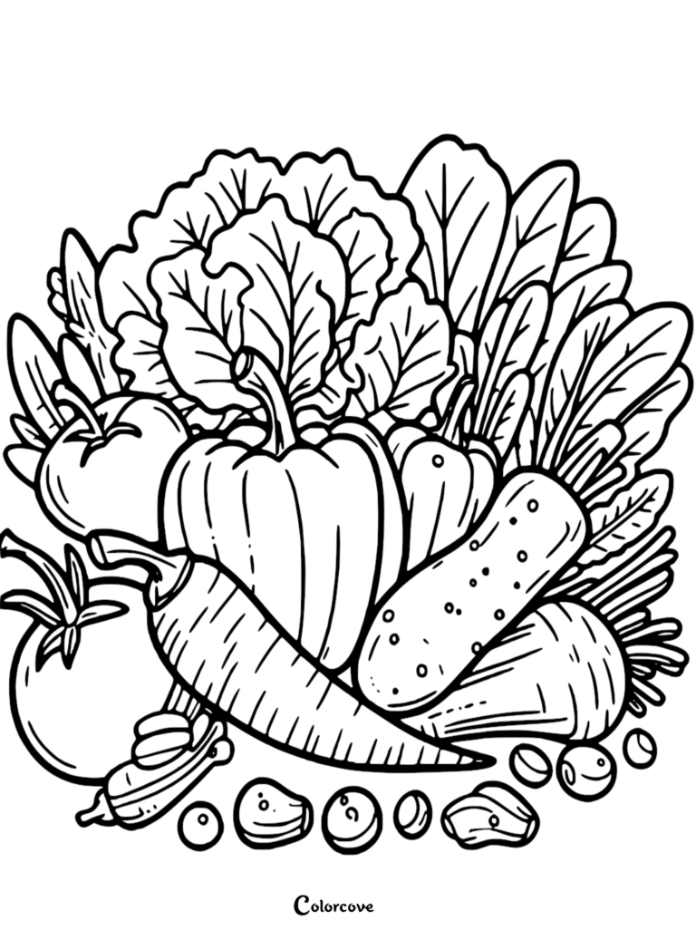 Healthy Food Coloring Pages Free Printable 48 featuring a bountiful arrangement of fresh vegetables including lettuce, bell peppers, carrots, and tomatoes.