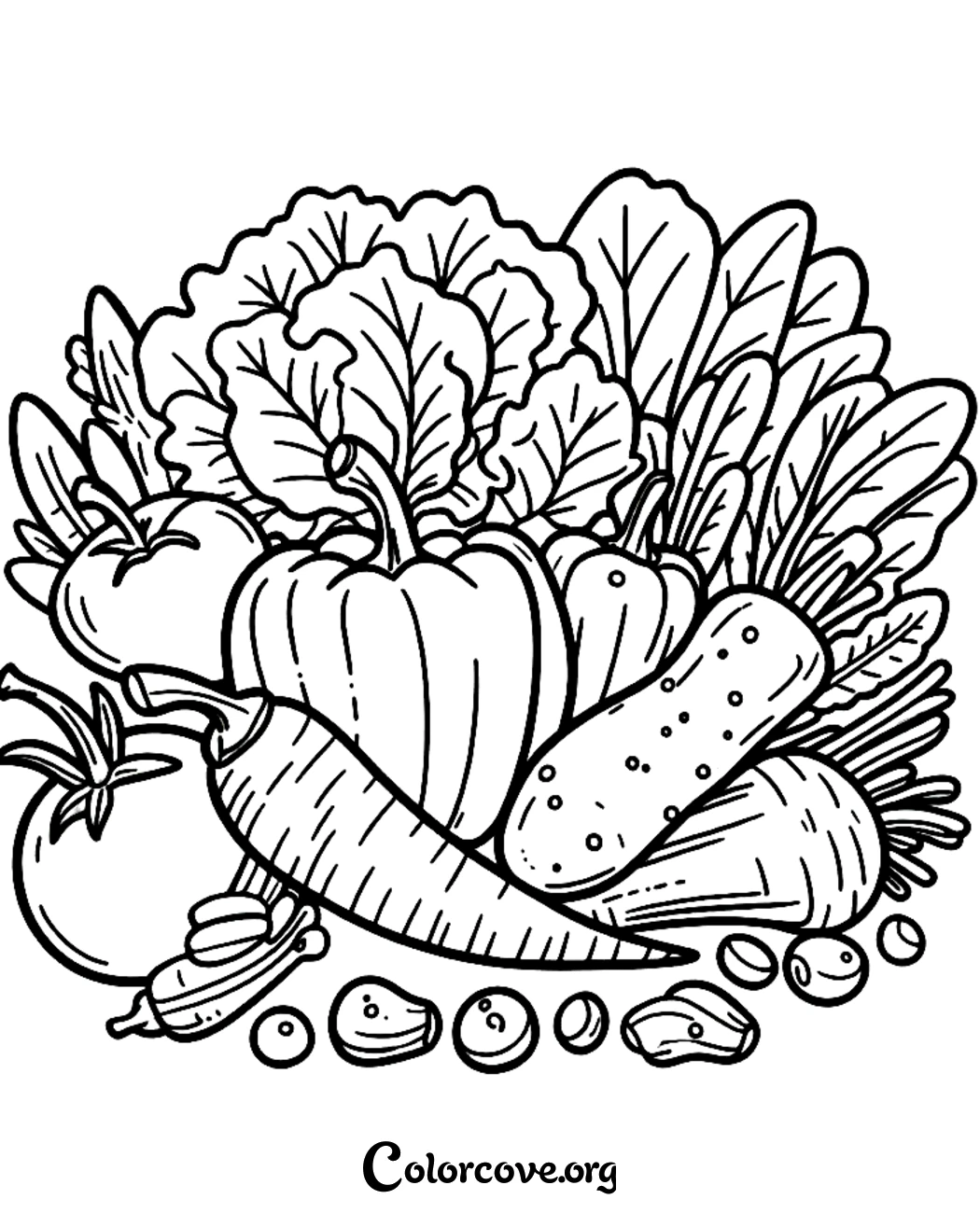 Teach kids about nutrition with this fun and educational healthy vegetable basket coloring page. Download and print this fresh produce illustration in seconds for a creative activity.
