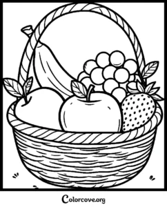 A printable healthy food coloring page featuring a woven basket filled with fresh fruit including a banana, grapes, apples, and a strawberry for kids.
