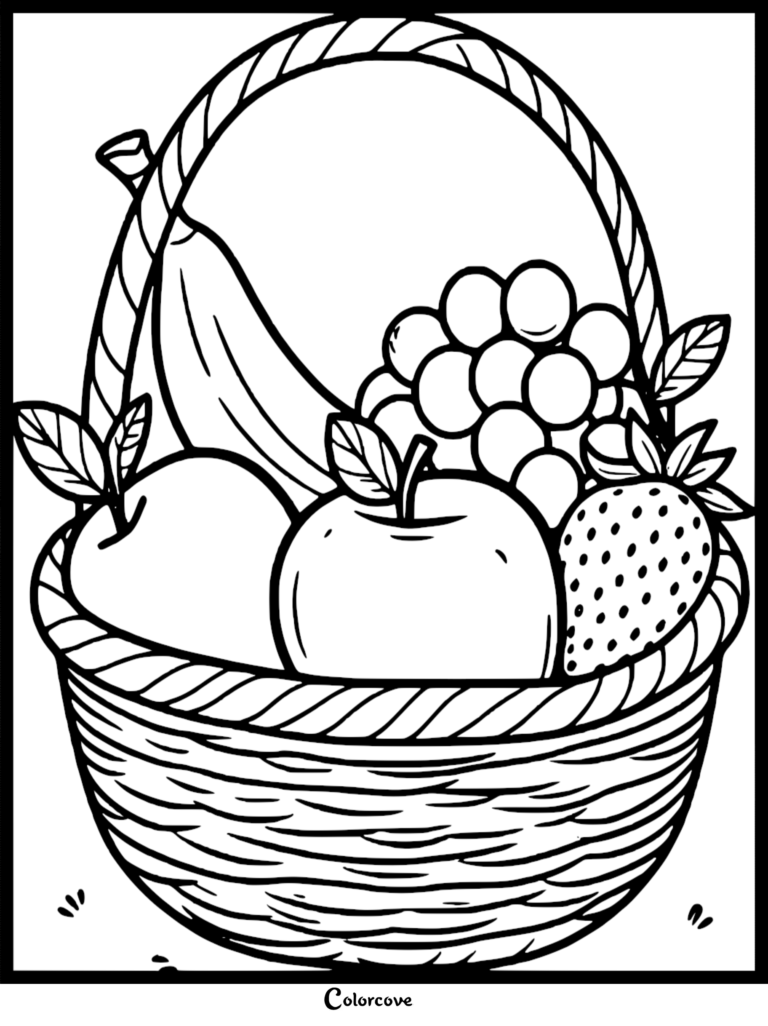 A basket filled with a banana, grapes, apples, and a strawberry in this healthy food coloring page.