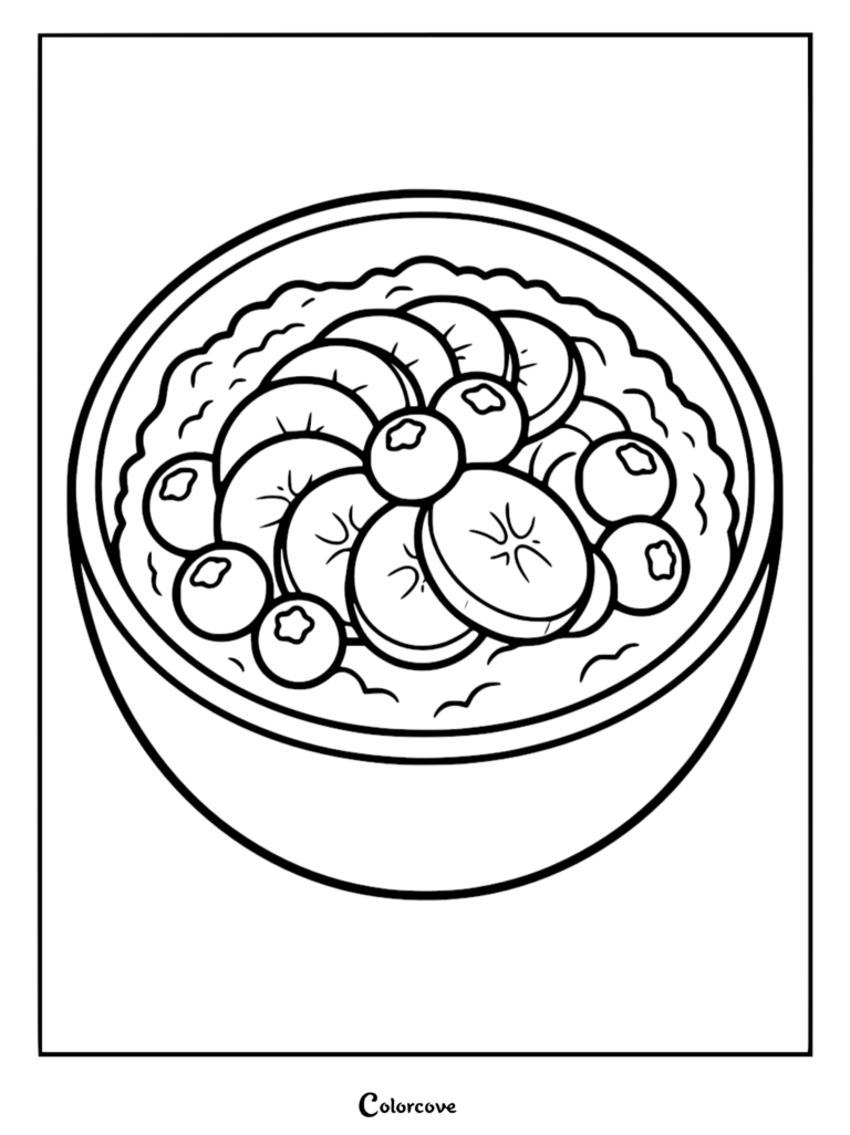 A bowl of oatmeal topped with banana slices and blueberries in this healthy food coloring page.