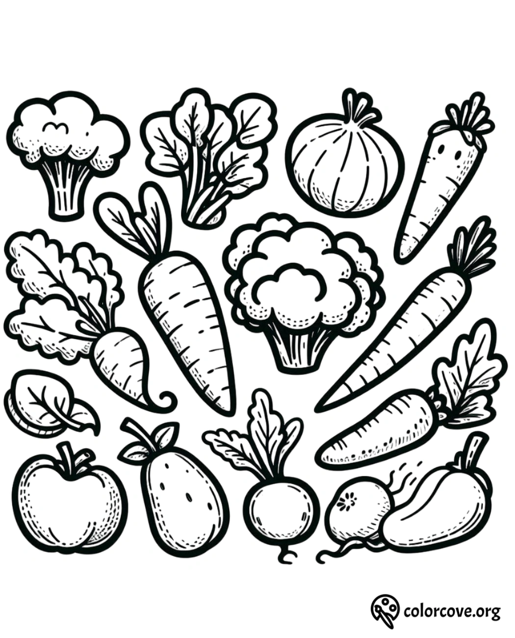 a black and white drawing of various vegetables