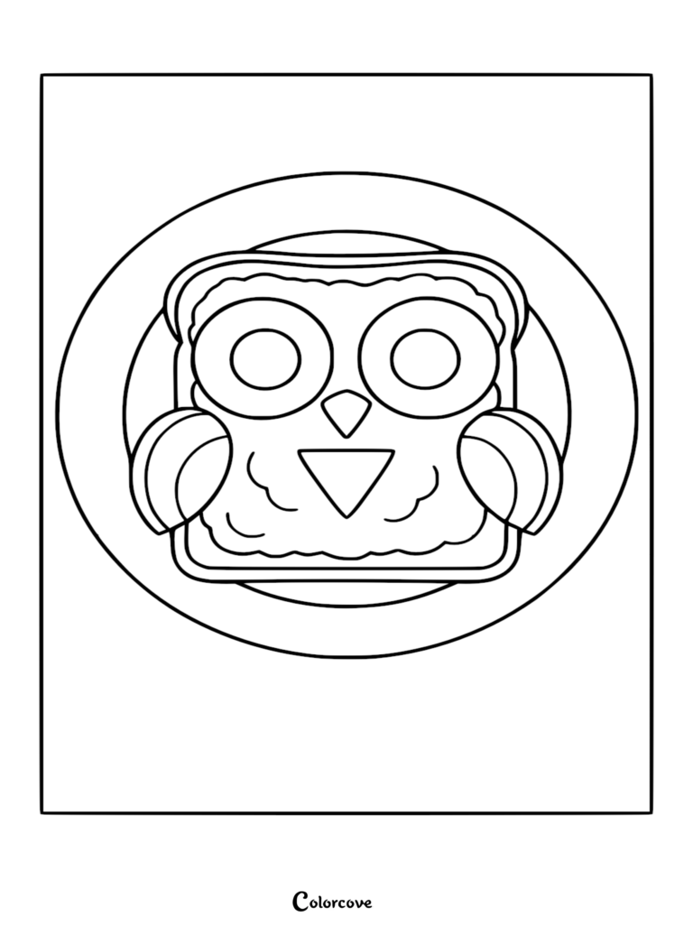 Healthy Food Coloring Pages Free Printable 50 featuring an owl-shaped sandwich on a plate.