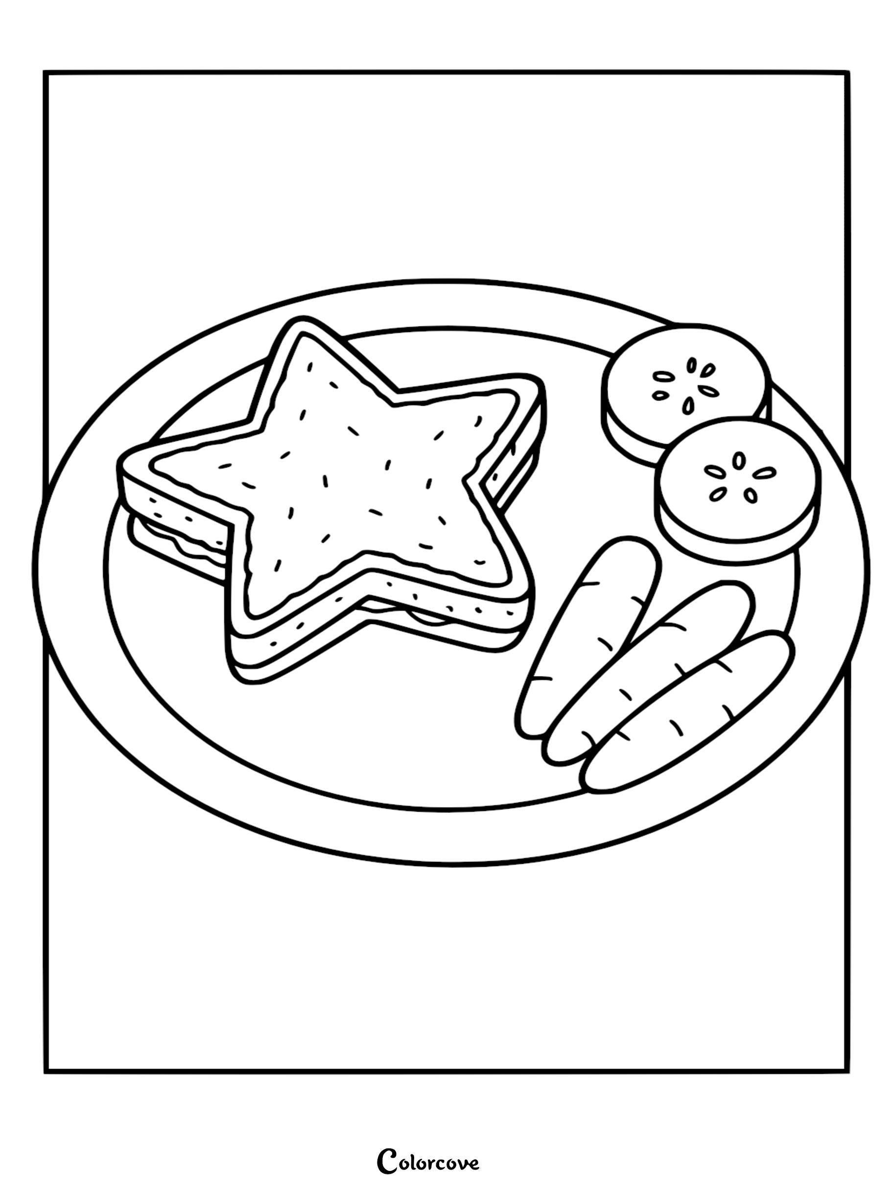 A printable healthy food coloring page featuring a star-shaped sandwich, cucumber slices, and carrot sticks on a plate.
