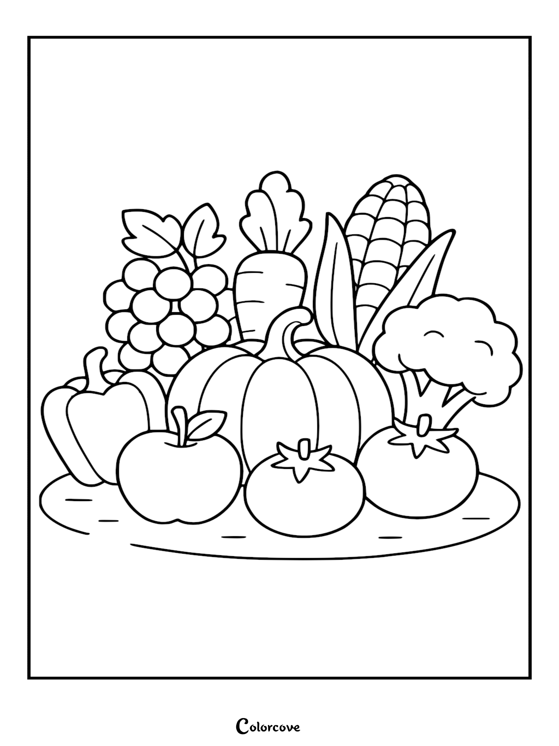 Healthy Food Coloring Page 52 featuring a variety of fresh vegetables and fruits including grapes, carrot, corn, pumpkin, broccoli, apple, pepper, and tomatoes.