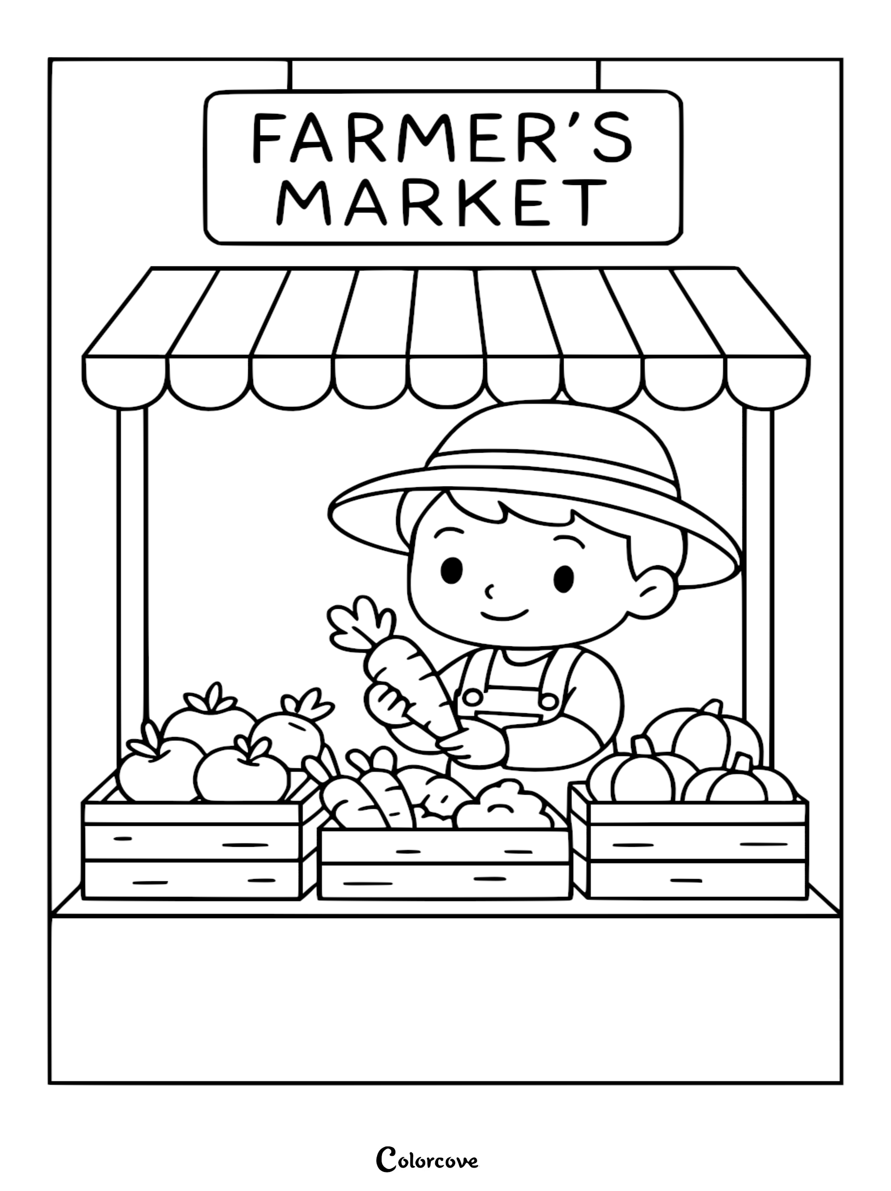 A cute farmer holding a carrot at a market stall in this healthy food coloring page.