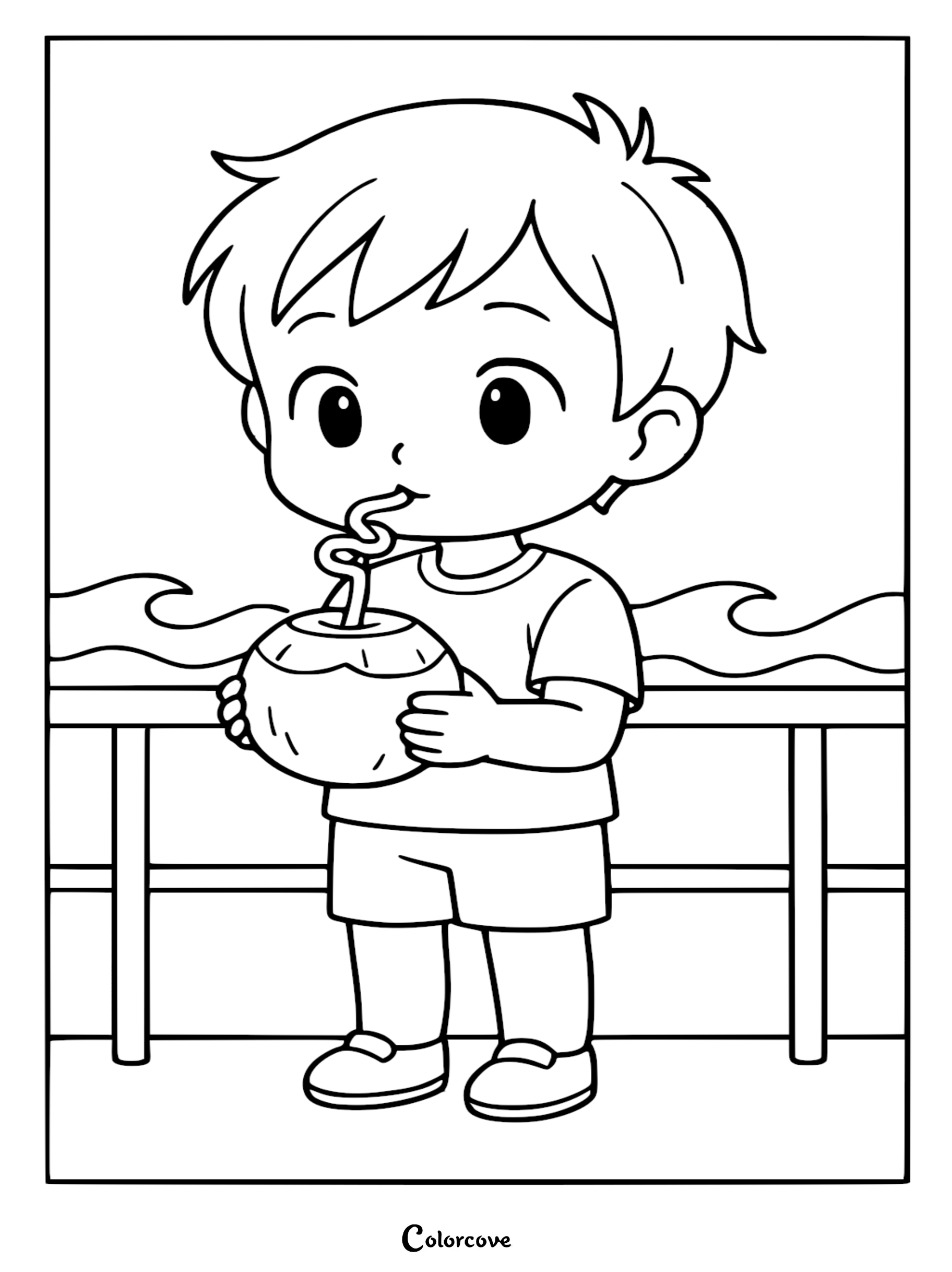 A young boy drinking from a coconut on a beach coloring page.