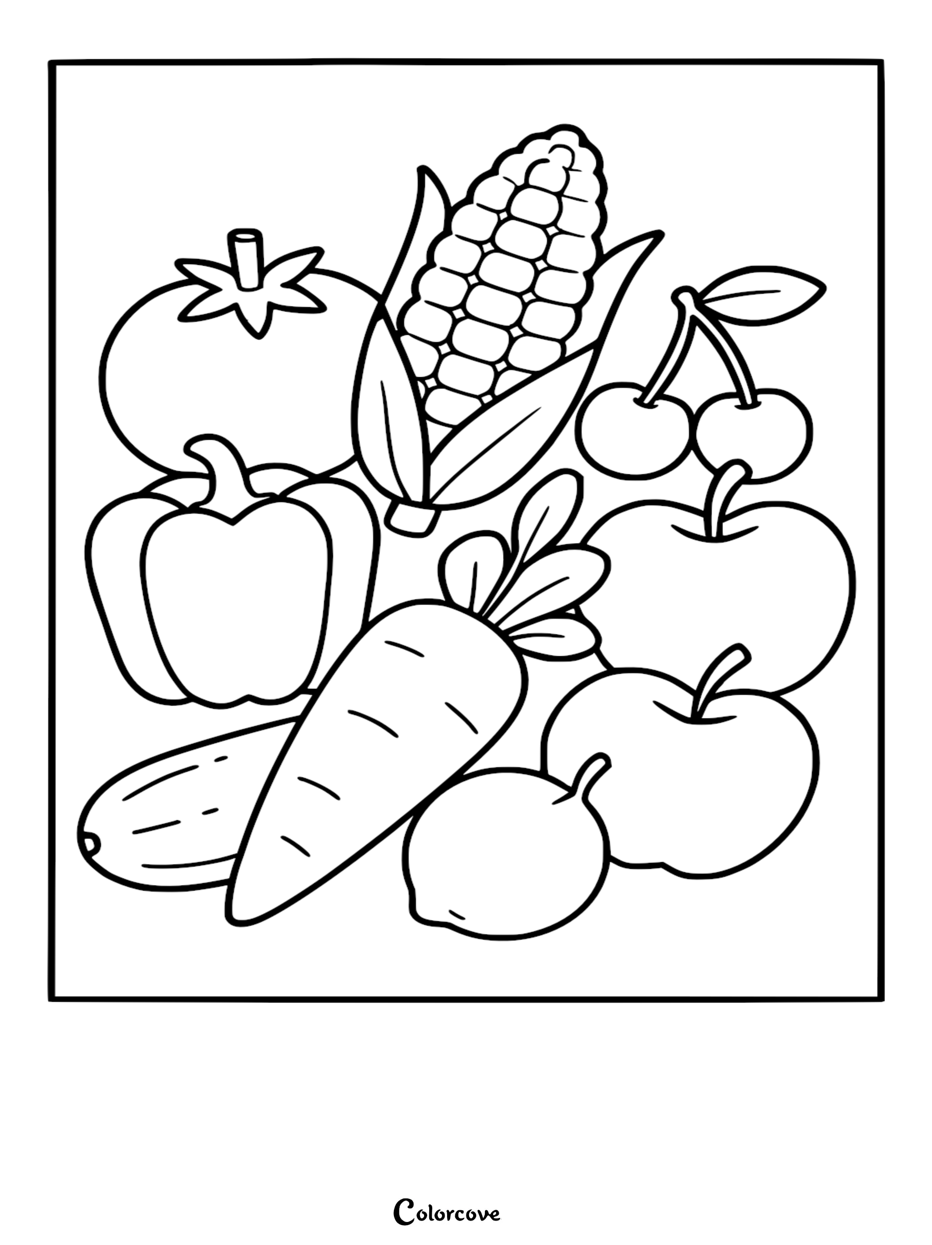 Healthy Food Coloring Pages Free Printable 55 featuring a variety of fresh vegetables and fruits including corn, tomato, pepper, carrot, and apples.