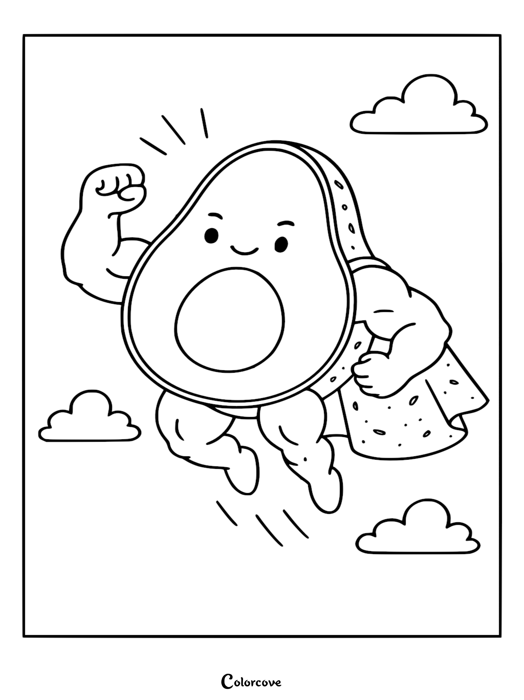 A muscular superhero avocado flying through the sky in this healthy food coloring page.
