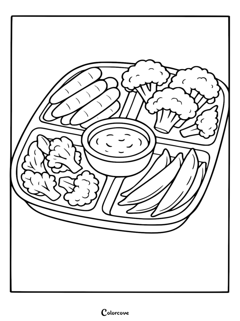 Healthy Food Coloring Pages Free Printable 57 featuring a divided plate with carrots, broccoli, potato wedges, and a central dip bowl.