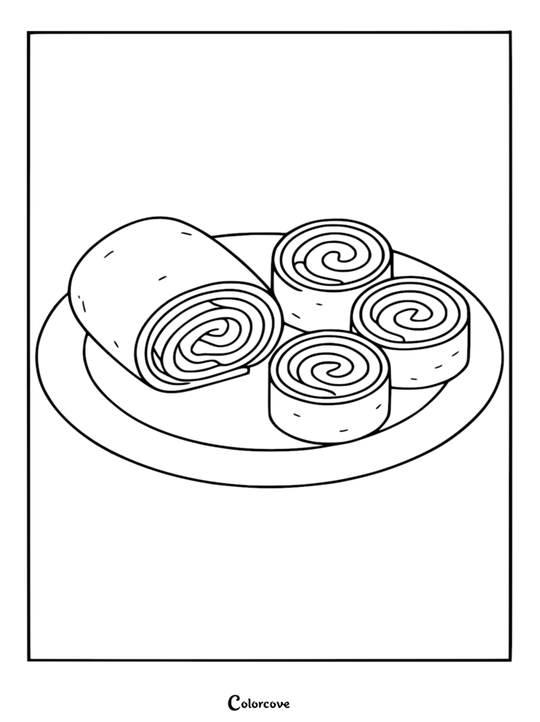 Healthy Food Coloring Pages Free Printable 58 featuring a plate of rolled snacks or pinwheel sandwiches.