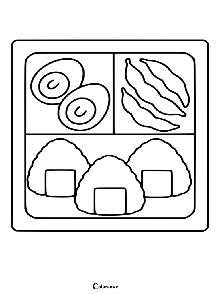 Healthy Food Coloring Pages Free Printable 59 featuring a bento box with rice balls, eggs, and edamame.