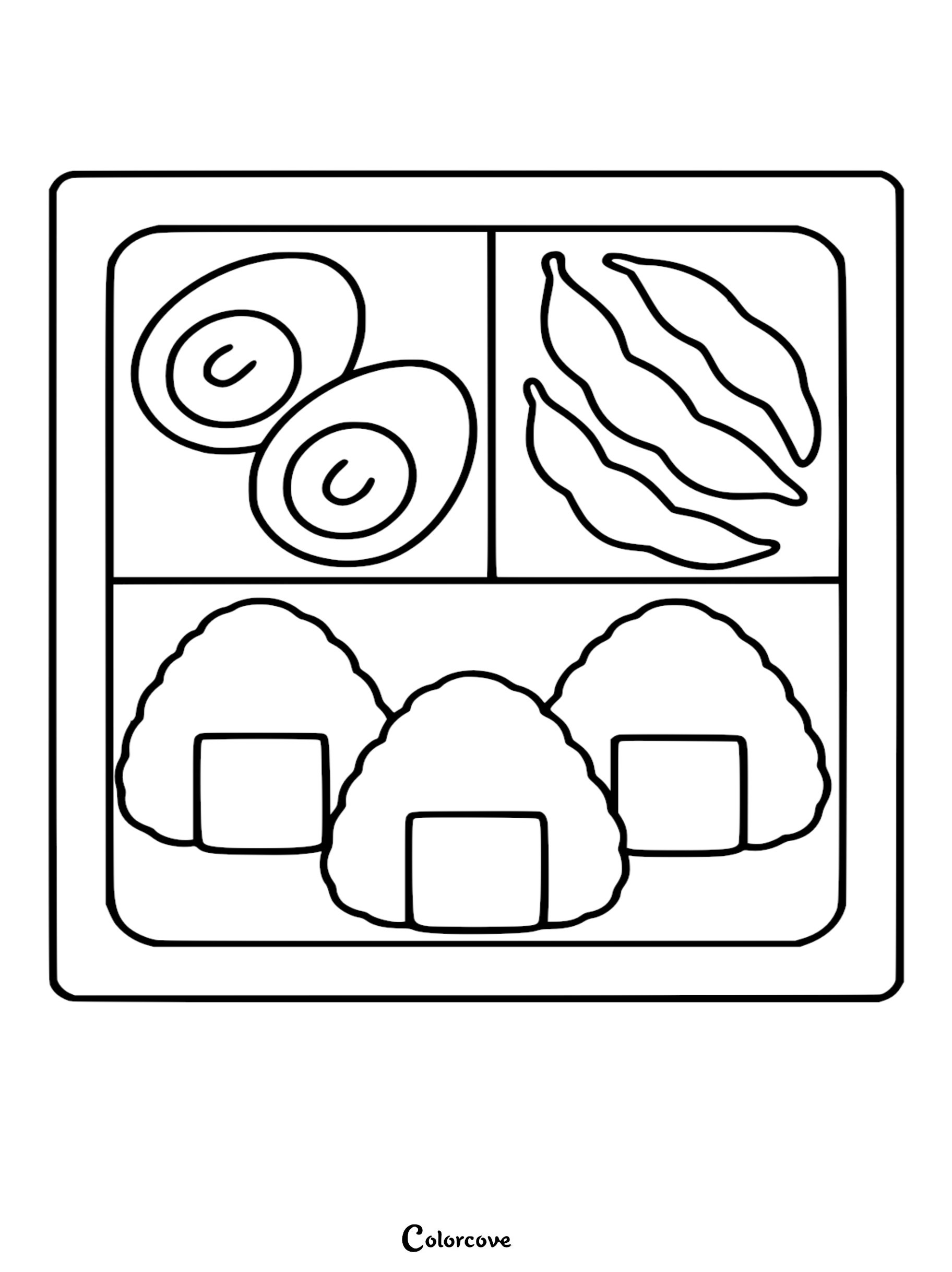 Healthy Food Coloring Pages Free Printable 59 featuring a bento box with rice balls, eggs, and edamame.