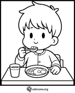 Child eating breakfast coloring page, featuring a boy with a spoon and a plate at a table. Ideal for kids' activities.