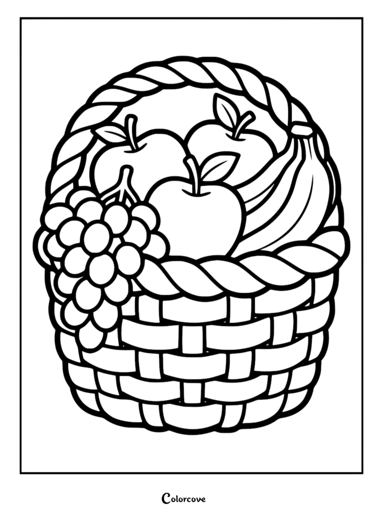 A woven basket filled with apples, bananas, and grapes in this healthy food coloring page.