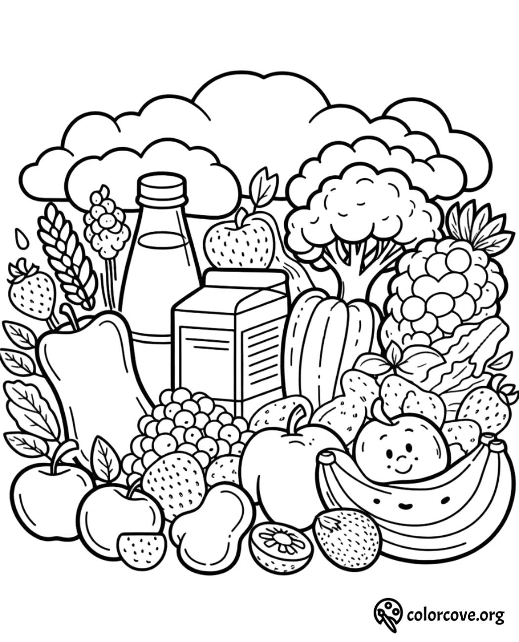 Child eating breakfast coloring page, featuring a boy with a spoon and a plate at a table. Ideal for kids' activities.