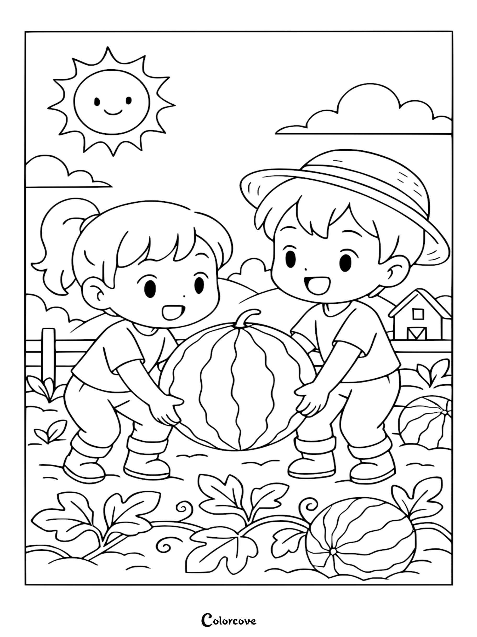 A boy and girl harvesting a large watermelon in a sunny garden, featured in a Healthy Food coloring page.