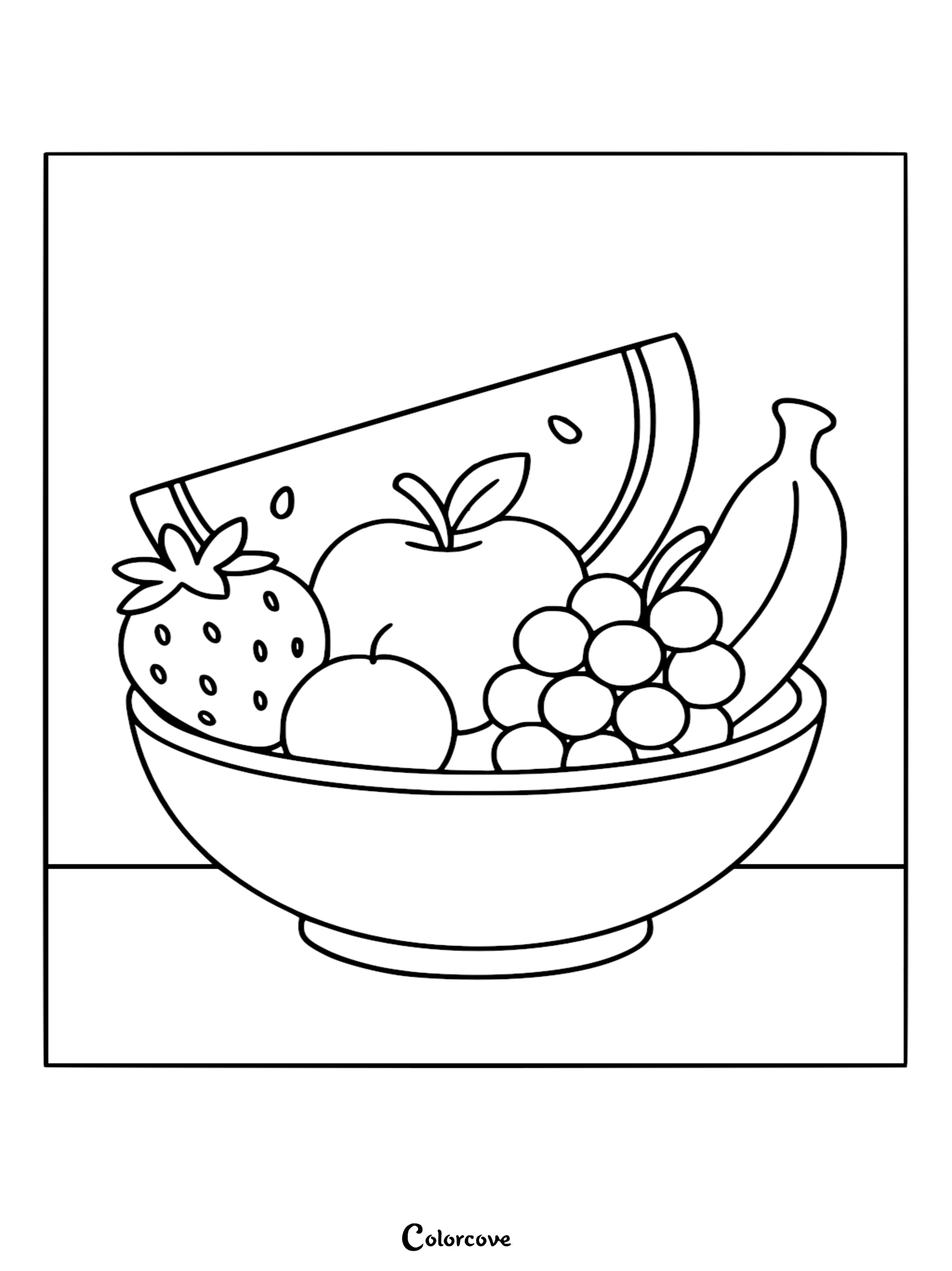 A bowl filled with a variety of healthy fruits including a strawberry, apple, grapes, banana, and watermelon slice in this printable coloring page.