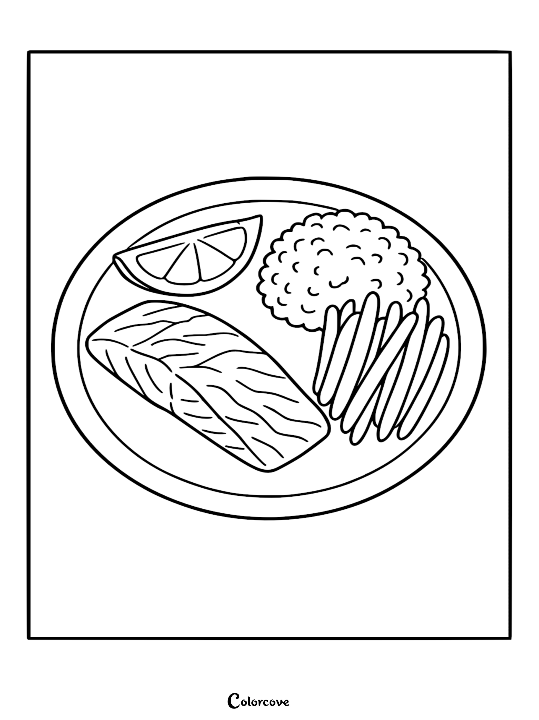 A printable healthy food coloring page featuring a plate with a salmon fillet, a scoop of rice, fries, and a lemon wedge.