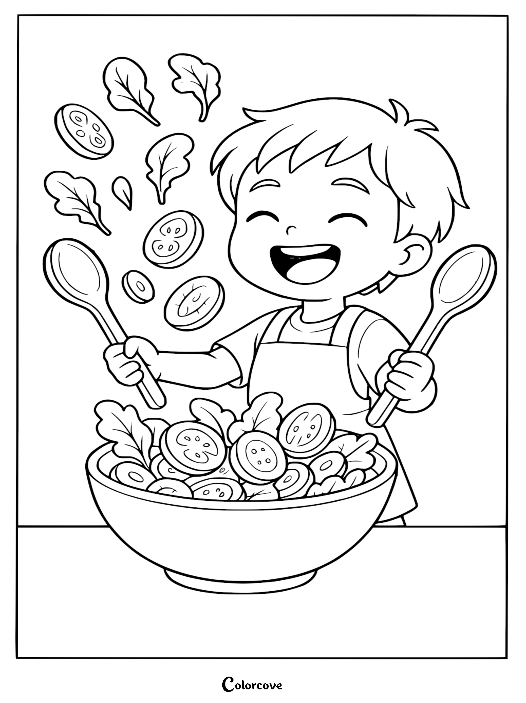 A happy boy wearing an apron tossing a fresh salad with wooden spoons in this healthy food coloring page.