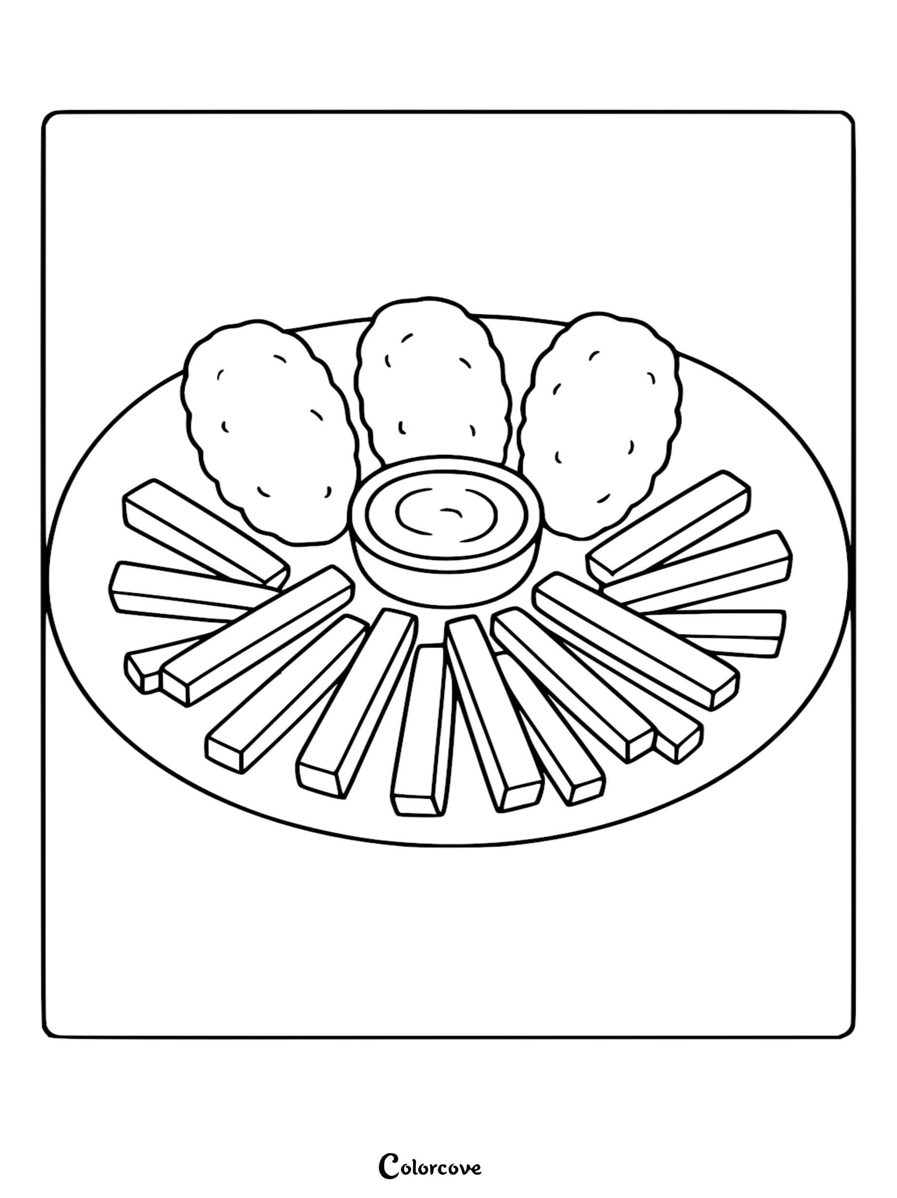 Healthy Food Coloring Page 64 featuring a plate of chicken nuggets, french fries, and a central dipping sauce cup.
