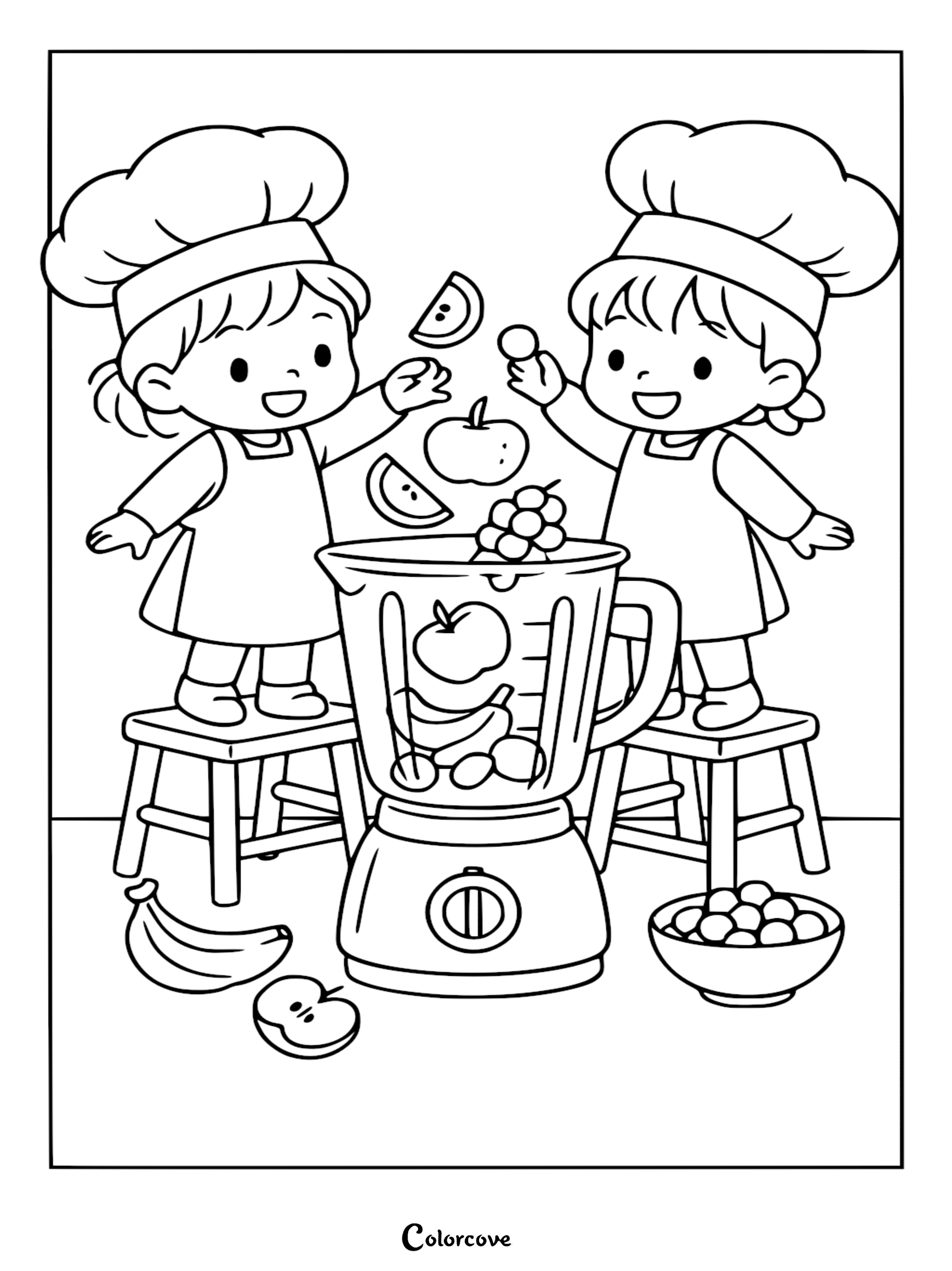 Two children wearing chef hats standing on stools and adding fresh fruit into a blender in this healthy food coloring page.