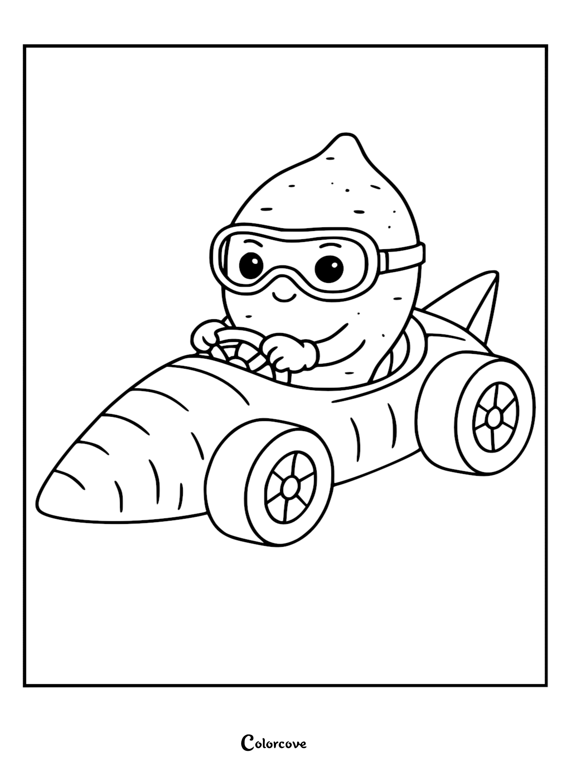 A cute potato character wearing goggles driving a carrot-shaped race car in this Healthy Food coloring page.