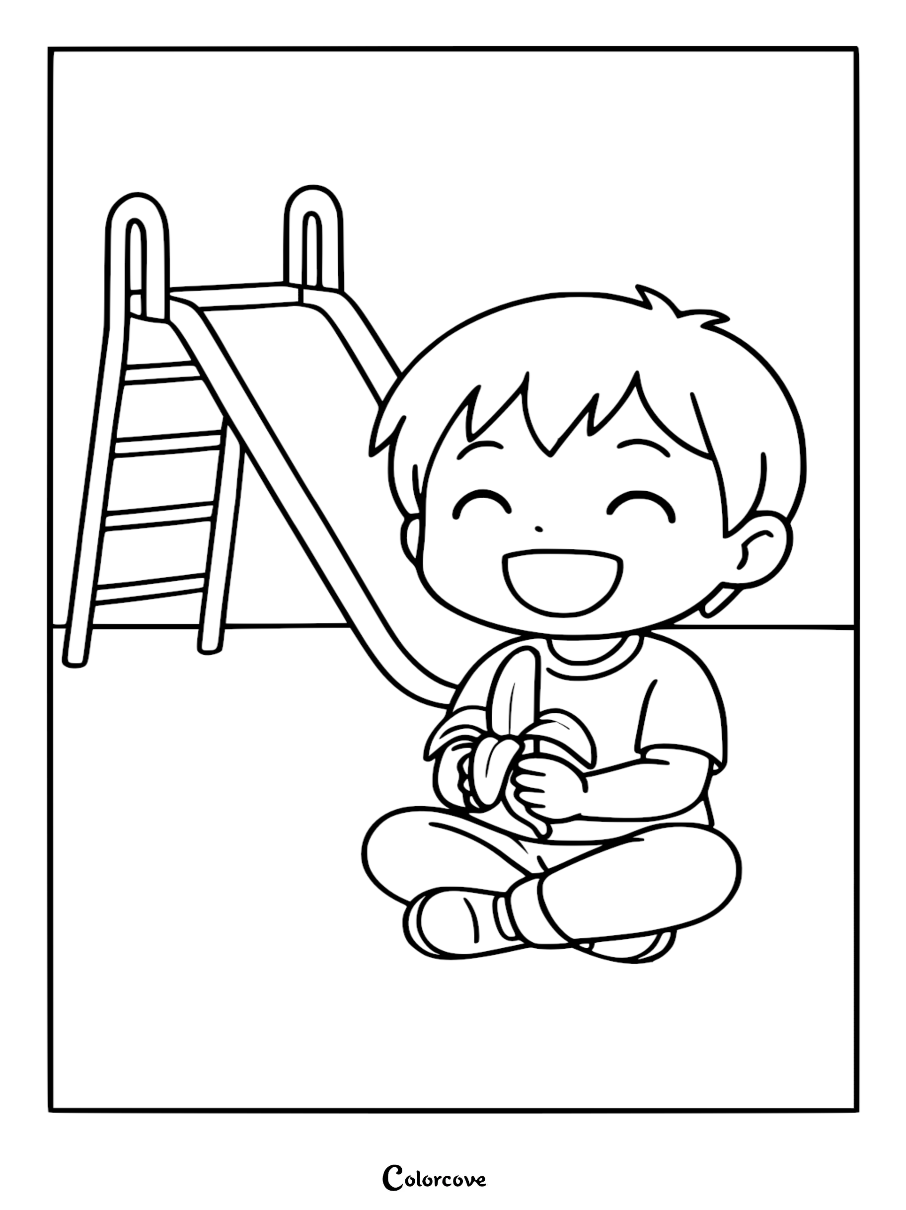 A happy boy sitting on the ground by a playground slide eating a banana in this healthy food coloring page.