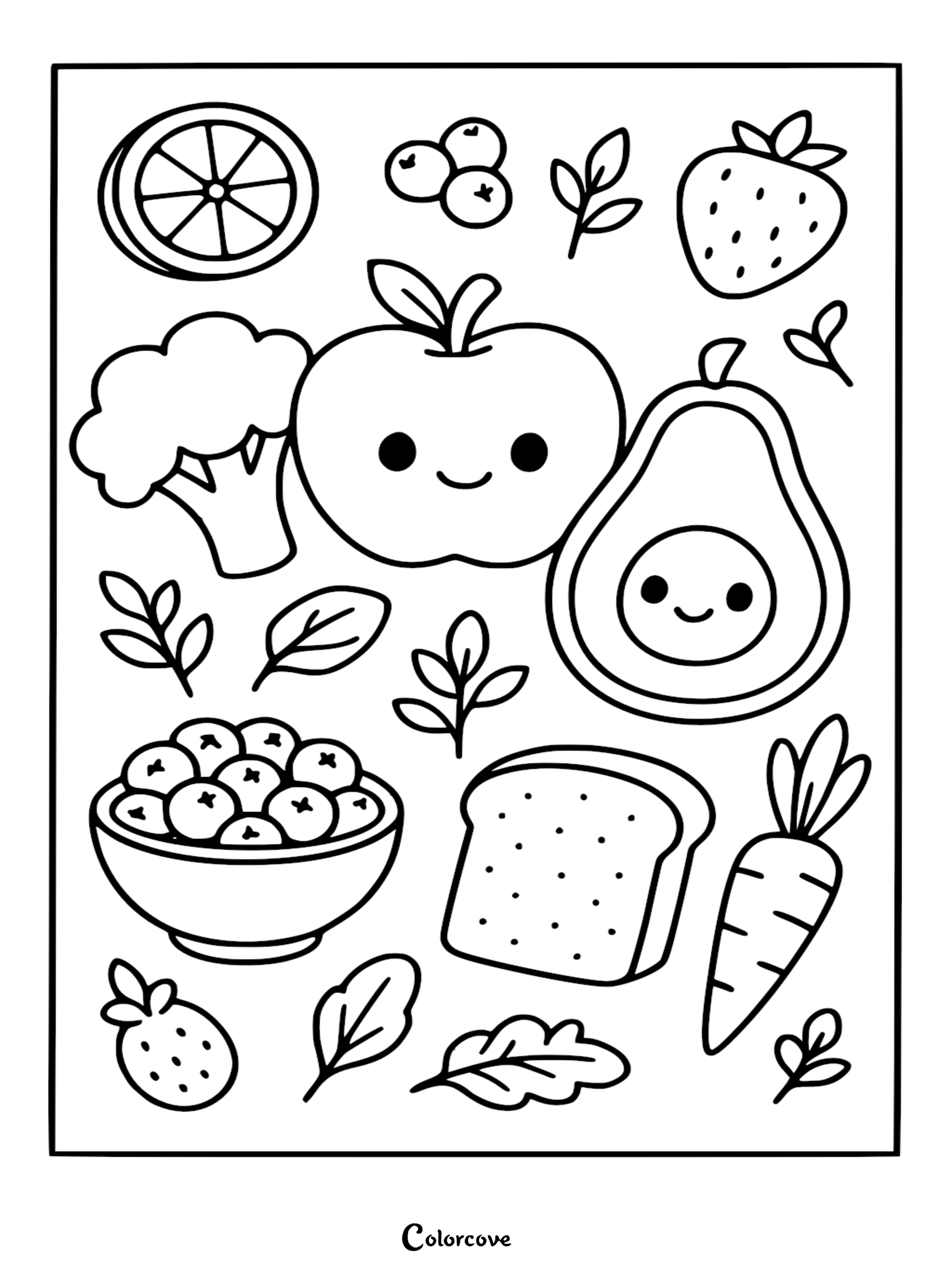 Healthy Food Coloring Pages Free Printable 68 featuring cute kawaii apple, avocado, broccoli, berries, bread, and carrot illustrations.