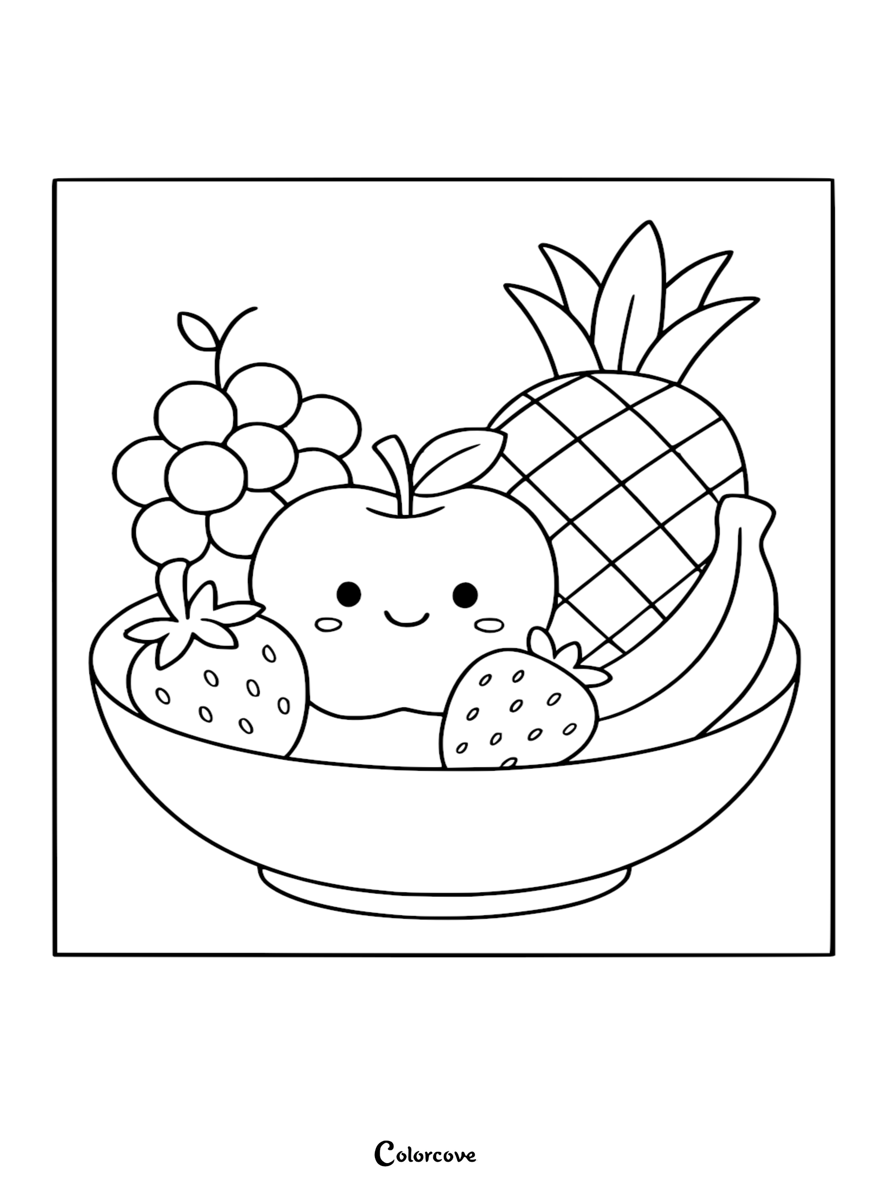 A bowl filled with a smiling apple, pineapple, grapes, strawberries, and a banana in this healthy food coloring page.
